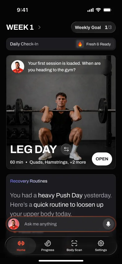 Handler home screen: Week 1 with a loaded LEG DAY session — 60 minutes, quads and hamstrings — a daily check-in, and the ask-me-anything coach bar